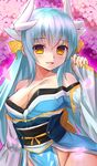  :d aqua_hair areola_slip areolae arm_at_side bangs cherry_blossoms cowboy_shot day dragon_horns eyebrows_visible_through_hair fate/grand_order fate_(series) fingernails gold groin hair_between_eyes hair_ornament hand_up highres horns japanese_clothes kimono kiyohime_(fate/grand_order) long_hair long_sleeves looking_at_viewer nail_polish obi open_mouth outdoors parted_lips petals pink_nails sash shiron_(e1na1e2lu2ne3ru3) side_slit sleeves_past_wrists smile solo tassel very_long_hair wide_sleeves yellow_eyes 