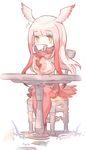  bird_tail bird_wings chair cup eyebrows_visible_through_hair head_wings holding holding_cup japanese_crested_ibis_(kemono_friends) kemono_friends long_hair looking_at_viewer multicolored_hair pantyhose red_hair red_legwear sitting solo table tail teacup thyr two-tone_hair white_hair wings yellow_eyes 