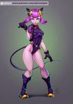  2017 alanscampos anthro belt blue_eyes boots breasts cat clothed clothing erect_nipples feline female footwear gloves hair jewelry looking_at_viewer mammal nipples purple_hair simple_background solo 