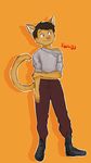  2017 anthro cassidy_(alec8ter) cat clothed clothing feline holding_arm male mammal orange_background signature simple_background smile solo standing wcgart 
