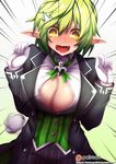  blush breasts bursting_breasts butler cleavage elsword female_butler fi-san formal gloves gradient gradient_background green_hair large_breasts motion_blur open_mouth pointy_ears popped_button rena_(elsword) ribbon short_hair solo suit surprised wardrobe_malfunction white_gloves 