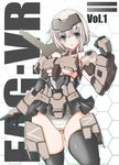  armor ass_visible_through_thighs bangs bare_shoulders black_gloves black_legwear blonde_hair blush breasts commentary_request cowboy_shot elbow_gloves eyebrows_visible_through_hair frame_arms_girl gloves gourai green_eyes headgear looking_at_viewer mecha_musume medium_breasts microskirt nanairo_souga open_mouth panties short_hair skirt solo striped striped_panties text_focus thighhighs underboob underwear 