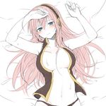  arms_up bare_arms bare_shoulders bed_sheet black_panties black_shirt blue_eyes blush breasts closed_mouth collarbone eyelashes headset large_breasts long_hair lying megurine_luka navel no_armwear no_pants on_back open_clothes open_shirt pale_skin panties partially_undressed pink_hair shirt sketch sleeveless sleeveless_shirt solo sudachi_(calendar) sweat underwear upper_body vocaloid 
