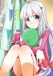  absurdres aqua_eyes bad_id bad_pixiv_id blue_hair bow eromanga_sensei hair_bow highres izumi_sagiri legs long_hair pink_bow rurika_seijin sitting sketch solo stuffed_animal stuffed_octopus stuffed_toy translated 