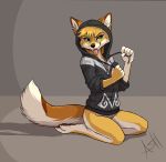  2014 anthro ash_fox_(skeleion) bottomless canine clothed clothing ear_piercing fangs female fox fur green_eyes hindpaw hoodie kneeling mammal pawpads paws piercing skeleion smile solo swift_fox tan_fur tongue tongue_out white_fur 