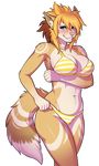  2017 anthro big_breasts bikini blue_eyes blush breasts canine clothed clothing female fur looking_at_viewer mammal markings multicolored_fur porin smile solo swimsuit teeth two_tone_fur two_tone_tail wolf 