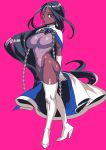  1girl arjuna_(fate/grand_order) black_hair breasts dark_skin fate/grand_order fate_(series) genderswap genderswap_(mtf) gloves high_heels highleg highleg_leotard highres kbtmsboy large_breasts leotard long_hair looking_at_viewer pink_background simple_background thighhighs very_long_hair white_legwear 