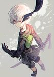  android blindfold_removed boots choker full_body gloves holding holding_weapon katana long_sleeves male_focus mura_karuki nier_(series) nier_automata patterned_clothing red_eyes shorts smile solo sword weapon white_hair yorha_no._9_type_s 