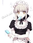  artoria_pendragon_(all) blonde_hair braid fate/stay_night fate_(series) food food_in_mouth french_braid gothic gothic_lolita hairband lolita_fashion lolita_hairband looking_at_viewer melting mouth_hold popsicle saber_alter sakura_yuki_(clochette) solo twitter_username upper_body yellow_eyes 