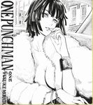  absurdres bangs blunt_bangs breasts building car finger_to_mouth fubuki_(one-punch_man) fur_coat greyscale ground_vehicle highres jewelry large_breasts lipstick looking_at_viewer makeup monochrome motor_vehicle murata_yuusuke no_bra official_art one-punch_man parted_lips shikishi short_hair sitting smile solo text_focus upper_body window 