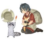  :&gt; animal artist_name backpack bag black_eyes black_gloves black_legwear brown_footwear collarbone common_raccoon_(kemono_friends) dot_nose eyebrows_visible_through_hair fennec_(kemono_friends) fennec_fox full_body gloves hair_between_eyes hat hat_removed headwear_removed helmet holding holding_animal holding_feather holding_hat kab00m_chuck kaban_(kemono_friends) kemono_friends loafers looking_at_another looking_down open_mouth pantyhose pith_helmet raccoon red_shirt shirt shoes short_hair short_sleeves shorts signature simple_background sitting smile tareme teeth translated victory_pose wariza white_background 