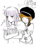  2girls agria_(tales) blush brown_hair coat dress eyes_closed freckles fur hat leia_rolando long_hair monochrome multiple_girls open_mouth pink_hair short_hair short_shorts shorts tales_of_(series) tales_of_xillia tales_of_xillia_2 