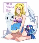  &gt;_&lt; :3 absurdres bikini blonde_hair blush braid breasts character_name cleavage closed_eyes commentary_request crown_braid dewgong full_body gen_1_pokemon gen_3_pokemon gen_7_pokemon hair_rings highres long_hair looking_at_viewer love_live! love_live!_sunshine!! medium_breasts ohara_mari pokemon pokemon_(creature) popplio purple_bikini simple_background sitting skindentation smile spheal swimsuit text_focus wariza yellow_eyes yuuki_(nijiiro_palette) 