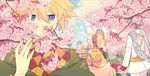  2boys blonde_hair blue_eyes blue_hair bonnet bow bridge building cherry_blossoms closed_eyes day expressionless flower hair_bow headdress holding_hands japanese_clothes kagamine_len kagamine_rin kaito long_sleeves multiple_boys nail_polish outdoors patterned_clothing petals scarf short_hair sky tree vocaloid yellow_nails yoshiki 