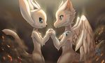  2016 ambiguous_gender anthro black_nose blue_eyes blush dragon duo eye_contact feathers fire fur furred_dragon guardian_spirit hand_holding ho-oh_(artist) mammal ori ori_and_the_blind_forest smile standing white_feathers white_fur wings 