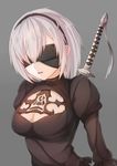  black_dress blindfold breasts cleavage cleavage_cutout covered_eyes dress hairband highres juliet_sleeves large_breasts long_sleeves mole mole_under_mouth nier_(series) nier_automata nugi_(armenci) puffy_sleeves silver_hair simple_background solo sword weapon weapon_on_back yorha_no._2_type_b 