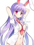  animal_ears arms_up between_breasts blush bottomless breasts bunny_ears dress_shirt large_breasts long_hair looking_at_viewer mauve naked_shirt navel necktie necktie_between_breasts no_bra open_clothes open_shirt purple_hair red_eyes red_neckwear reisen_udongein_inaba shirt short_sleeves simple_background solo touhou very_long_hair white_background white_shirt 