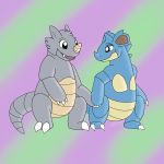  2_toes breast_plate claws crocodilianbooty duo eyelashes female female/female hand_holding horn nidoqueen nintendo pok&eacute;mon pok&eacute;mon_(species) reptile rhydon scales scalie simple_background smile spikes teeth toes video_games 