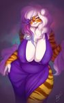  2017 amber_eyes anthro big_breasts breasts buxbi buxbi_(character) cleavage clothed clothing dress feline female flower flower_in_hair hair long_hair looking_at_viewer mammal pink_nose plant smile solo stripes tiger white_hair 