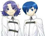  1boy 1girl blue_eyes blue_hair bow chaldea_uniform closed_mouth fate/grand_order fate_(series) gradient_outline hair_intakes original outline pink_bow purple_eyes purple_hair simple_background smile touma_rui upper_body wavy_hair white_background 