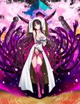  absurdly_long_hair black_hair breasts cherry_blossoms cleavage covered_nipples fate/extra fate/extra_ccc fate_(series) full_body hair_ornament head_tilt highres hinomoto_madoka horns large_breasts long_hair looking_at_viewer outdoors purple_legwear purple_ribbon ribbon sesshouin_kiara smile solo standing tattoo thighhighs very_long_hair yellow_eyes 