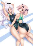  2girls ass blue_eyes blush bow breasts commentary_request competition_swimsuit eyepatch hair_bow hair_ornament hibari_(senran_kagura) highres large_breasts long_hair looking_at_viewer multiple_girls one-piece_swimsuit open_mouth pink_hair ponpo red_eyes senran_kagura senran_kagura_shoujo-tachi_no_shin'ei short_hair short_twintails smile swimsuit symbol-shaped_pupils twintails white_hair yagyuu_(senran_kagura) 