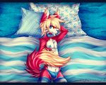  anthro black_nose blonde_hair bulge canine fox fur hair lying male mammal pillow punxsimon red_fur smile solo tape 