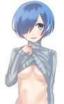 arm_at_side bad_id bad_pixiv_id blue_eyes blue_hair breasts clothes_lift eyebrows_visible_through_hair grey_sweater hair_over_one_eye head_tilt kichannico looking_at_viewer medium_breasts parted_lips re:zero_kara_hajimeru_isekai_seikatsu rem_(re:zero) ribbed_sweater short_hair simple_background sleeves_past_wrists solo sweater sweater_lift turtleneck turtleneck_sweater upper_body white_background 
