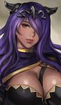  1girl black_armor breasts camilla_(fire_emblem_if) cleavage closed_mouth commentary english_commentary face fire_emblem fire_emblem_heroes fire_emblem_if hair_ornament hair_over_one_eye highres large_breasts lips long_hair looking_at_viewer nintendo portrait purple_eyes purple_hair smile soffa strap tiara wavy_hair 