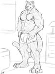 2017 4_toes abs anthro barefoot bedroom biceps black_and_white boxers_(clothing) bulge clothed clothing digital_drawing_(artwork) digital_media_(artwork) drawer feline front_view full-length_portrait gage_the_panther inside lamp looking_at_viewer male mammal monochrome muscular muscular_male nipples panther pecs plantigrade portrait signature sketch solaxe_(artist) solo standing toes topless underwear 