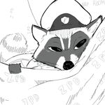  anthro black_nose clothed clothing cute digital_media_(artwork) disney english_text fan_character fur half-closed_eyes male mammal monochrome officer_stoutwell_(zootopia) raccoon replytoanons simple_background solo text white_background zootopia 