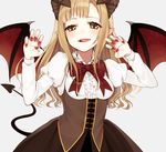  bangs blonde_hair blouse brown_skirt chisumi claw_pose claws commentary_request corset demon_girl demon_horns demon_tail demon_wings eyebrows_visible_through_hair fang fingernails hands_up highres horns juliet_sleeves licking_lips long_fingernails long_hair long_sleeves looking_at_viewer nail_polish open_mouth original pointy_ears puffy_sleeves sidelocks skirt smile solo tail tongue tongue_out underbust upper_body wavy_hair white_blouse wings 