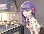  1girl :d apron blush bowl cooking eyebrows_visible_through_hair fate/stay_night fate_(series) food hair_ribbon homurahara_academy_uniform i.f.s.f indoors kitchen looking_at_viewer matou_sakura open_mouth pink_apron plate pot purple_hair ribbon school_uniform sleeves_rolled_up smile solo stove twitter_username 