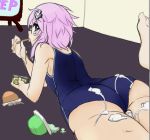  1girl alternate_costume ass blush choujigen_game_neptune d-pad eating food from_behind hair_ornament looking_back lunaismaiwaifu lying neptune_(neptune_series) neptune_(series) on_stomach pink_hair purple_eyes purple_hair sexually_suggestive short_hair solo source_request swimsuit tongue tongue_out 