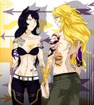  ahoge animal_ears arm_tattoo back_tattoo belt black_hair blake_belladonna blonde_hair breasts cat_ears chest_tattoo cleavage english flower flower_tattoo groin highres holding_hands long_hair medium_breasts multiple_girls navel panties purple_eyes rose rwby shadow shoulder_blades shoulder_tattoo smile strap_slip tattoo thorns topless underwear when_you_see_it yang_xiao_long yaya_(y8ay8a) yellow_eyes 