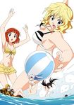  absurdres ball bikini black_hair blonde_hair blue_eyes breasts facial_mark forehead_mark highres lacress long_hair medium_breasts multiple_girls orichalcum_reycal orichalcum_reycal_duo red_eyes red_hair reycal small_breasts smile swimsuit transparent_background tsunashima_shirou white_hair 