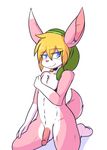  anthro balls blonde_hair blue_eyes clothing crackers erection fur hair half-closed_eyes hat humanoid kneeling lagomorph link_(rabbit_form) looking_at_viewer male mammal nintendo nude penis pink_fur pink_nose rabbit simple_background smile solo the_legend_of_zelda video_games white_background white_fur 