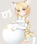  :&lt; animal_ears ball bare_shoulders blonde_hair blush bow bowtie brown_hair cat_ears cat_tail commentary_request elbow_gloves eyebrows_visible_through_hair frilled_skirt frills gloves grey_background head_tilt high-waist_skirt japari_symbol kemono_friends kneeling looking_at_viewer maccha multicolored_hair print_bow print_neckwear print_skirt sand_cat_(kemono_friends) shirt short_hair simple_background skirt sleeveless sleeveless_shirt solo streaked_hair striped_tail tail triangle_mouth white_legwear white_shirt yellow_eyes 