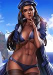  abs alternate_costume ana_(overwatch) beret bikini black_hair blue_skirt breasts captain_amari cleavage coat dandon_fuga dark_skin day facial_tattoo finger_to_mouth hat large_breasts long_coat long_hair looking_at_viewer navel open_clothes open_coat overwatch shushing skirt solo stomach swimsuit tattoo thick_eyebrows thick_lips thighhighs toned underboob younger 