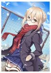  :o ahoge artoria_pendragon_(all) bangs black-framed_eyewear blonde_hair blush braid commentary_request dark_persona day fate/grand_order fate_(series) feathers fence french_braid glasses hair_between_eyes hand_in_pocket jacket looking_at_viewer mono_kuroma mysterious_heroine_x_(alter) plaid plaid_scarf red_scarf scarf school_uniform semi-rimless_eyewear sky solo thighhighs twitter_username under-rim_eyewear yellow_eyes 