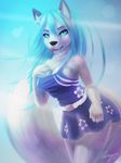  2017 anthro big_breasts blue_eyes blue_hair breasts canine clothed clothing dress female hair leongon looking_at_viewer mammal solo tongue tongue_out wolf 
