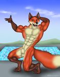  2017 abs balls biceps blue_eyes canine fangs fox hand_behind_head invalid_tag looking_at_viewer male mammal muscular muscular_male navel nude open_mouth pecs penis pool_(disambiguation) pose rahir teeth water 
