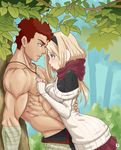  1girl abs against_tree blonde_hair blue_eyes blush breast_press breasts day dress earmuffs eye_contact face-to-face forest from_side hug kawa-v kazan_(kawa-v) large_breasts leiko_(kawa-v) long_hair looking_at_another muscle nature nose_blush original outdoors red_eyes red_hair ribbed_sweater scarf shirtless sleeves_past_wrists sweater sweater_dress tree 