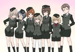  adapted_costume arm_around_shoulder arms_behind_back bangs beret black_footwear black_hat black_jacket black_neckwear black_ribbon black_skirt blonde_hair blue_eyes boots brown_eyes brown_hair closed_eyes closed_mouth commentary_request dress_shirt emblem girls_und_panzer glasses grey_hair grin hair_ribbon hands_in_pockets hands_on_hips hat itsumi_erika jacket japanese_tankery_league_(emblem) katyusha light_brown_hair light_smile long_hair long_sleeves looking_at_another looking_at_viewer military military_hat military_uniform miniskirt multiple_girls naomi_(girls_und_panzer) necktie nishizumi_maho nishizumi_miho one_eye_closed open_mouth parted_lips pencil_skirt pleated_skirt red_shirt ribbon round_eyewear rumi_(girls_und_panzer) selection_university_military_uniform shimada_arisu shirt short_hair silver_hair simple_background skirt sleeves_past_wrists smile standing sweatdrop turtleneck uniform very_short_hair wata_do_chinkuru white_background white_shirt 