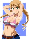  :o armpits arms_behind_head belt blonde_hair blush breasts bustier cleavage drill_hair earrings green_eyes gundam gundam_tekketsu_no_orphans heart heart_earrings hera_(hara0742) highres jewelry lafter_frankland large_breasts long_hair looking_at_viewer navel short_shorts shorts solo steam sweat twin_drills twintails 