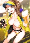  :d alcohol backpack bag beer belt bikini breasts brown_eyes brown_hair dytm highres jacket large_breasts leaning_forward long_hair looking_at_viewer open_clothes open_jacket open_mouth original ponytail pool_monitor_part-timer_(dytm) smile solo swimsuit visor_cap yellow_bikini 