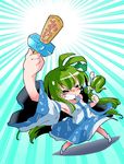  ahoge antenna_hair armpits blush closed_eyes detached_sleeves dress emphasis_lines food frog frog_hair_ornament green_hair hair_ornament hair_tubes highres japanese_clothes kochiya_sanae long_hair nontraditional_miko popsicle shinapuu skirt snake snake_hair_ornament tears touhou translated victory_pose wide_sleeves 