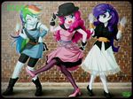  3girls adjusting_hat blue_eyes blue_skin brick_wall dress eyes_closed fedora hairclip hat high_heels long_hair multiple_girls my_little_pony my_little_pony_equestria_girls my_little_pony_friendship_is_magic pantyhose personification pink_hair pink_skin pinkie_pie purple_hair rainbow_dash rainbow_hair rarity shorts_under_skirt tagme uotapo very_long_hair viewfinder white_skin 