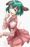  animal_ears dog_ears dress fang green_eyes green_hair hand_up highres juliet_sleeves kasodani_kyouko long_sleeves looking_at_viewer open_mouth pink_dress puffy_sleeves sash short_dress solo thighs touhou wind wind_lift yasaidon 