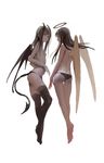  absurdres angel_and_devil ass back bangs black_eyes black_hair black_panties black_pants blunt_bangs breasts demon_tail full_body halo highres horns kineshin long_hair looking_at_another looking_at_viewer multiple_girls nipples original panties pants small_breasts tail thighhighs topless underwear white_background wings 